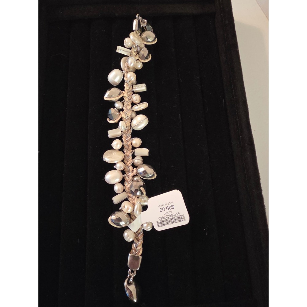 Chicos Faux Pearl Metallic Bead Braided Cord Magnetic Clasp Bracelet NWT